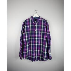 Chaps Plaid Button Down Shirt Mens L Large Purple Navy Easy Care Long Sleeve